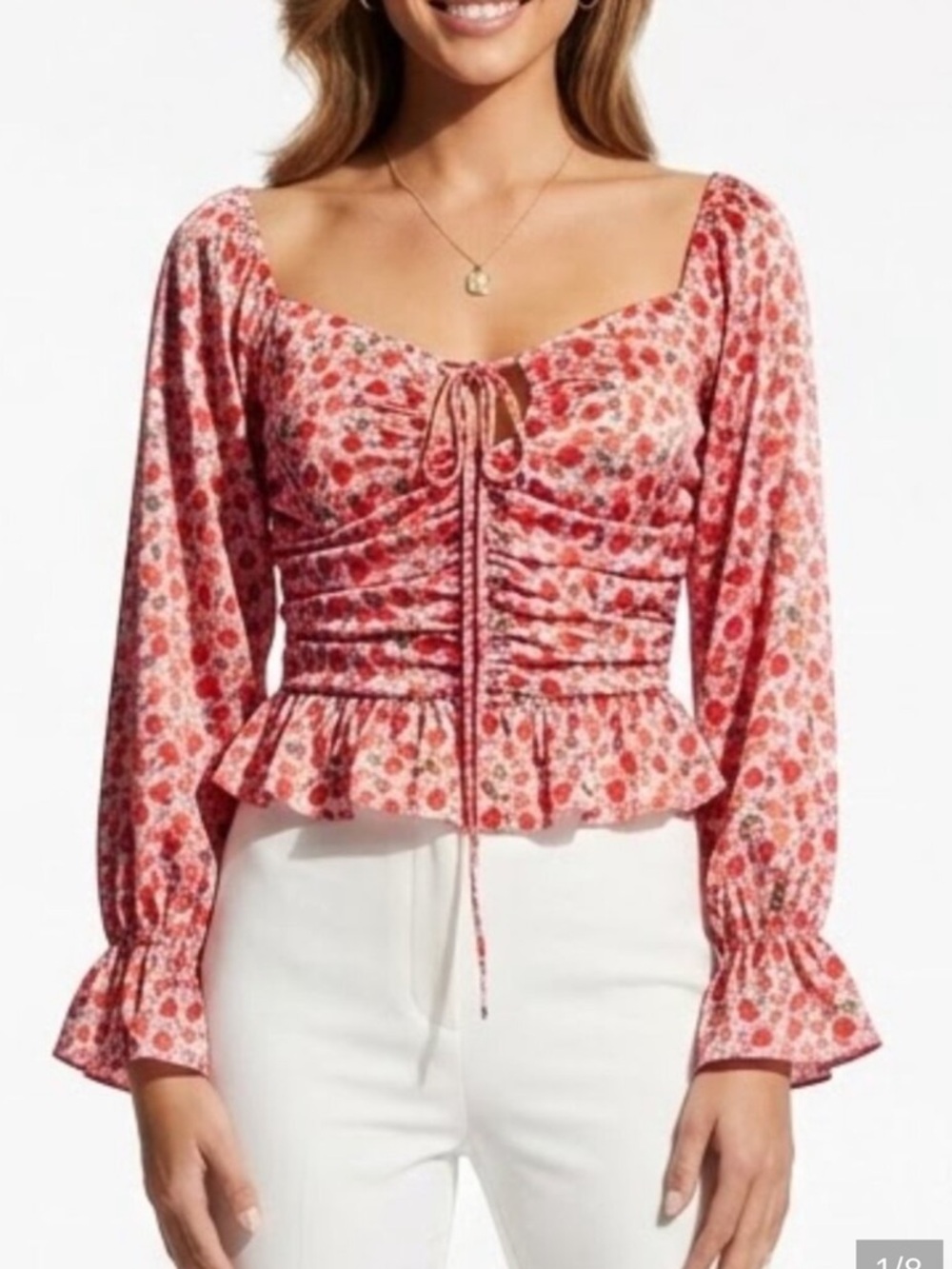 WAYF Pink Red Floral Tie-Front Peplum Sweetheart Ruched Blouse Sz: XL